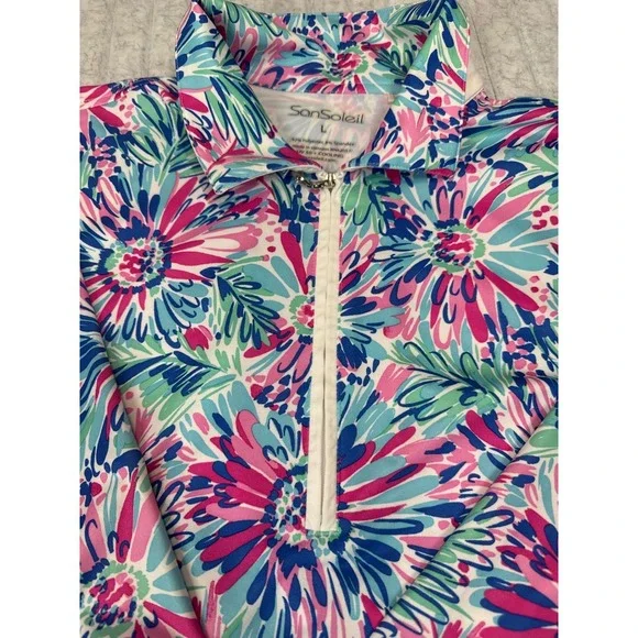 SanSoleil SolCool UV 50+ Cooling Floral Quarter Zip Performance Top Pink Blue L - Picture 2 of 5